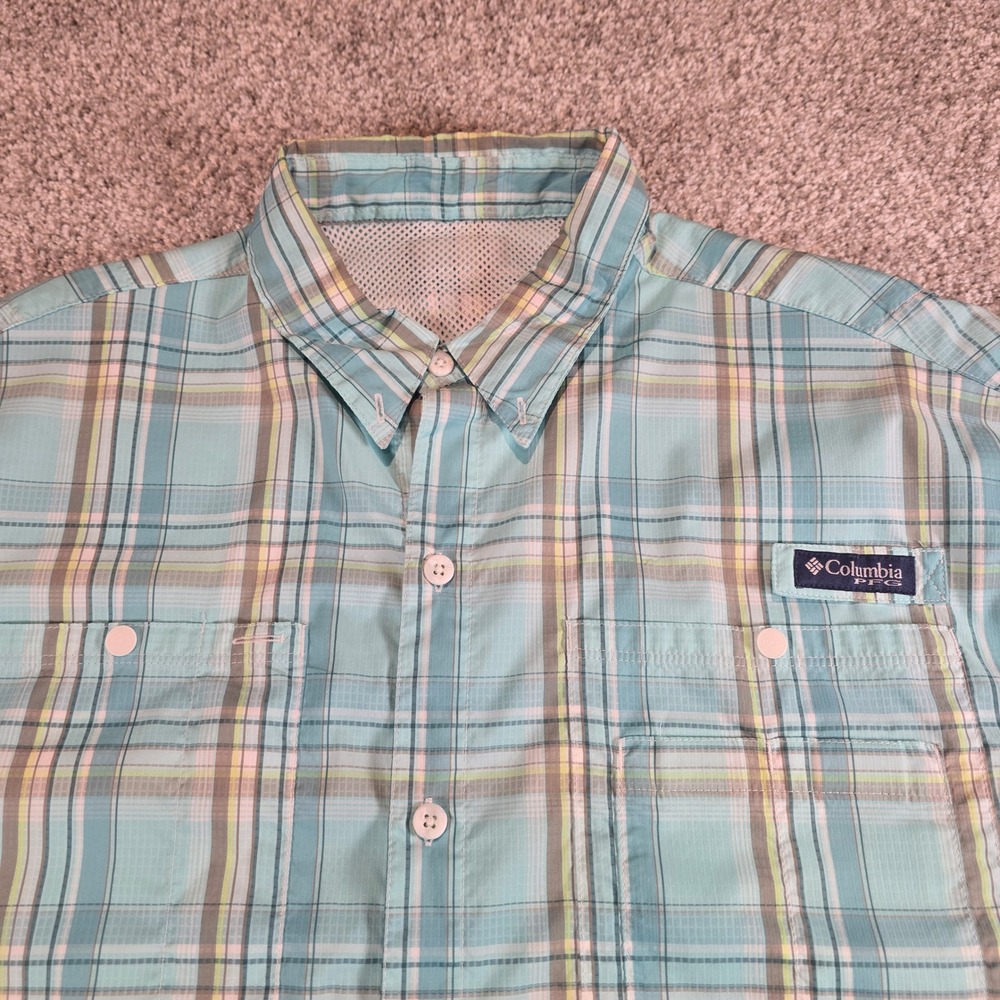 Columbia PFG Mens Short Sleeve Fishing Shirt Turquoise Plaid Omni-Shade XL